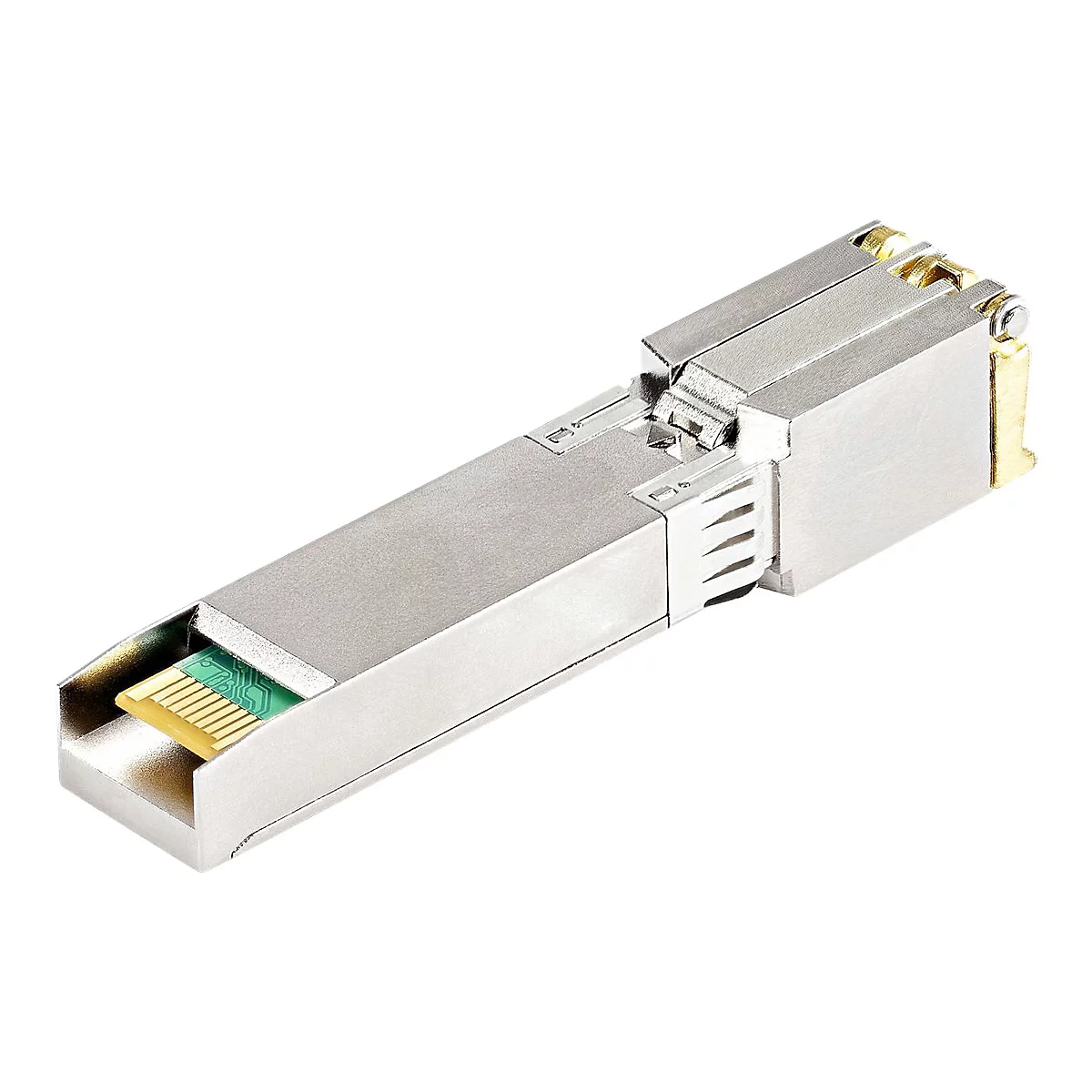 Metallfarbenes Netzwerkmodul, Platine mit goldenen Kontakten sichtbar. Gehäuse mit silbernen Elementen und goldenen Akzenten.