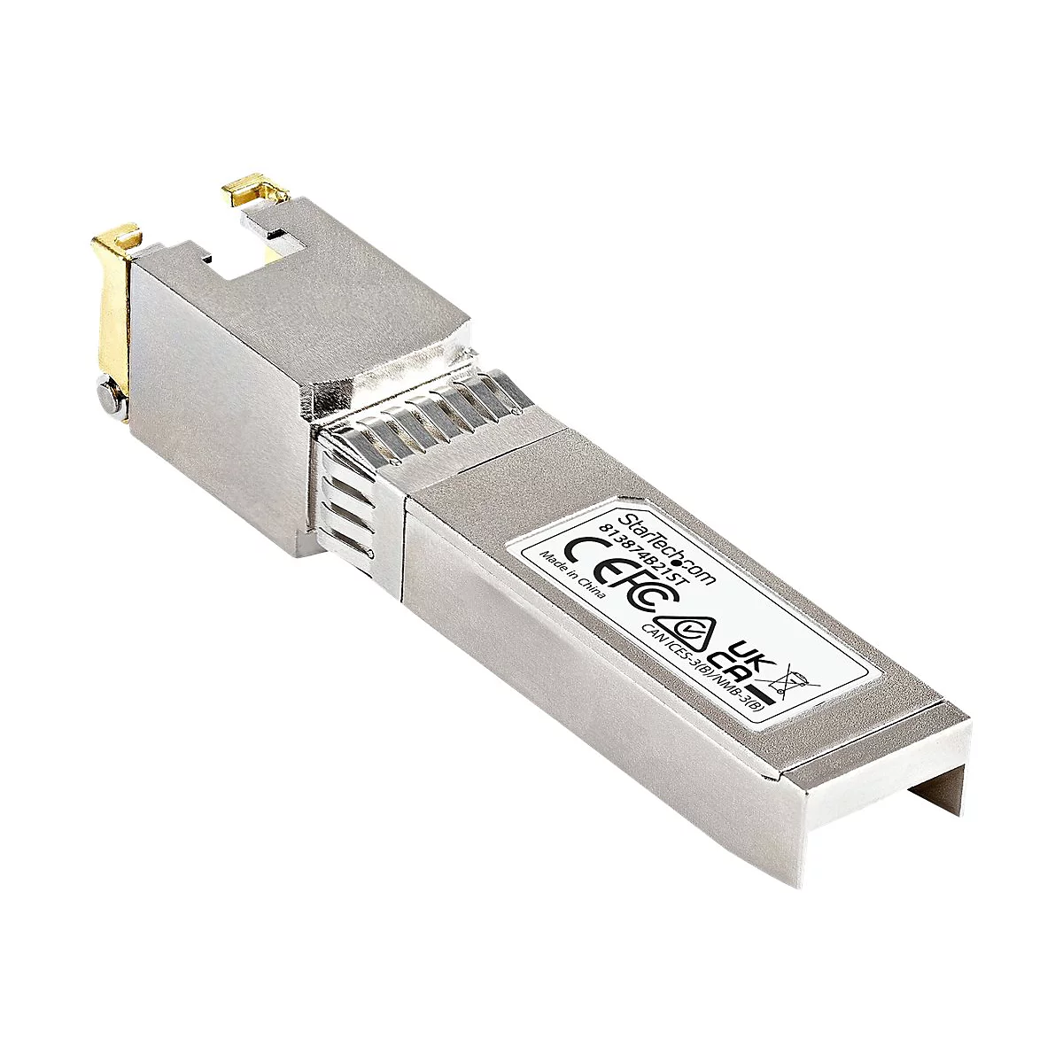 Metallfarbener SFP-Transceiver, Blick von oben. Goldfarbene Elemente und Aufkleber mit technischen Daten. Text: Startech.com, Made in China.