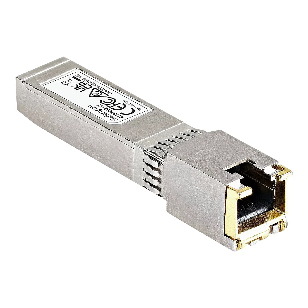 Ein metallischer SFP-Transceiver mit goldfarbenem Anschluss. Beschriftung StarTech.com, CE, UK.