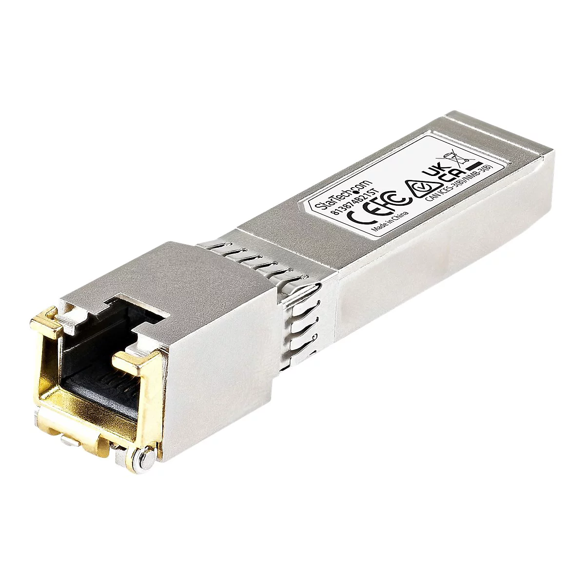 Metallfarbener SFP-Transceiver mit Goldfarbenem Stecker und Aufklebern. Schriftzüge: StarTech.com, 813874B21ST, Made in China.