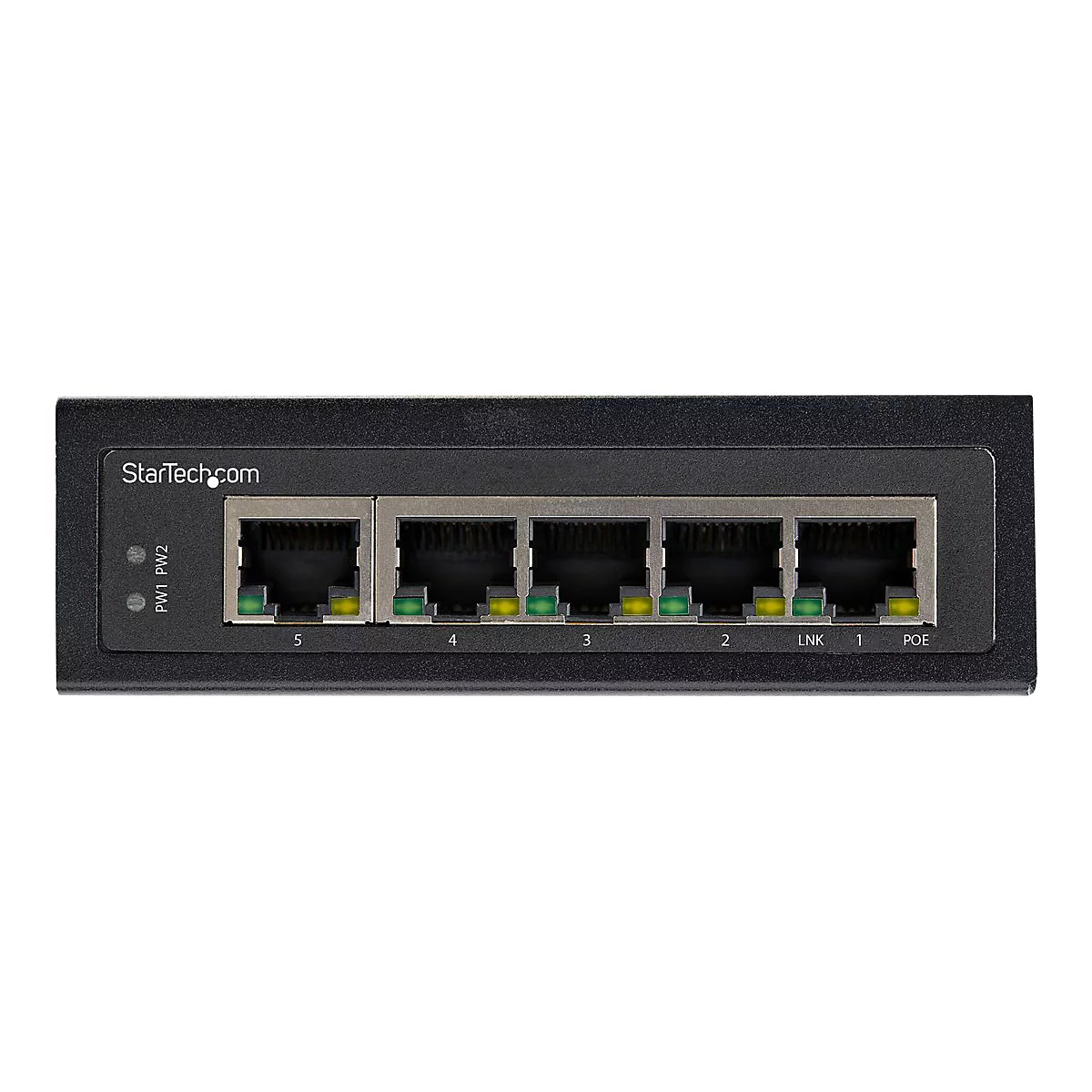 Schwarzer Netzwerk-Switch mit 5 Anschlüssen, StarTech.com Logo.