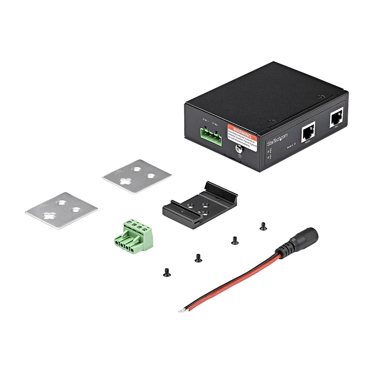 Schwarzer Netzwerkadapter mit Zubehör, wie Schrauben, Halterungen und Stromkabel. Aufschrift "StarTech.com".
