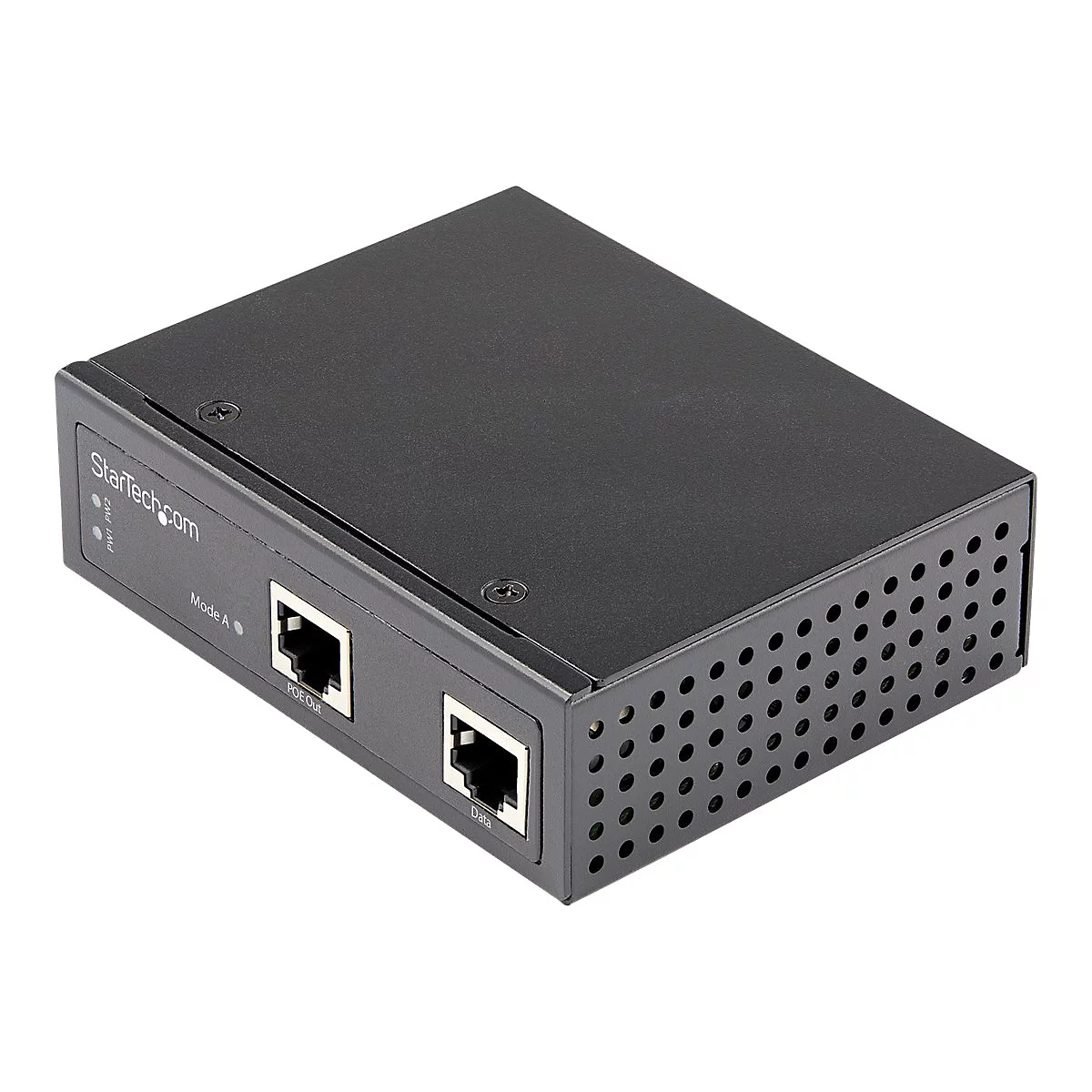 Schwarzer PoE-Injektor, StarTech.com-Logo, Anschlüsse für Daten und PoE-Out, Mode A.