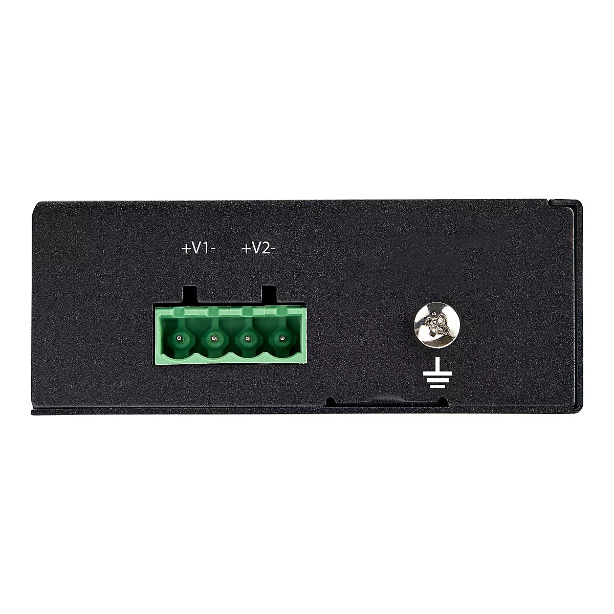 Schwarzes Elektronikgehäuse mit grünen Anschlüssen und Beschriftung +V1- +V2- . Rechts Schraube und Erdungssymbol.