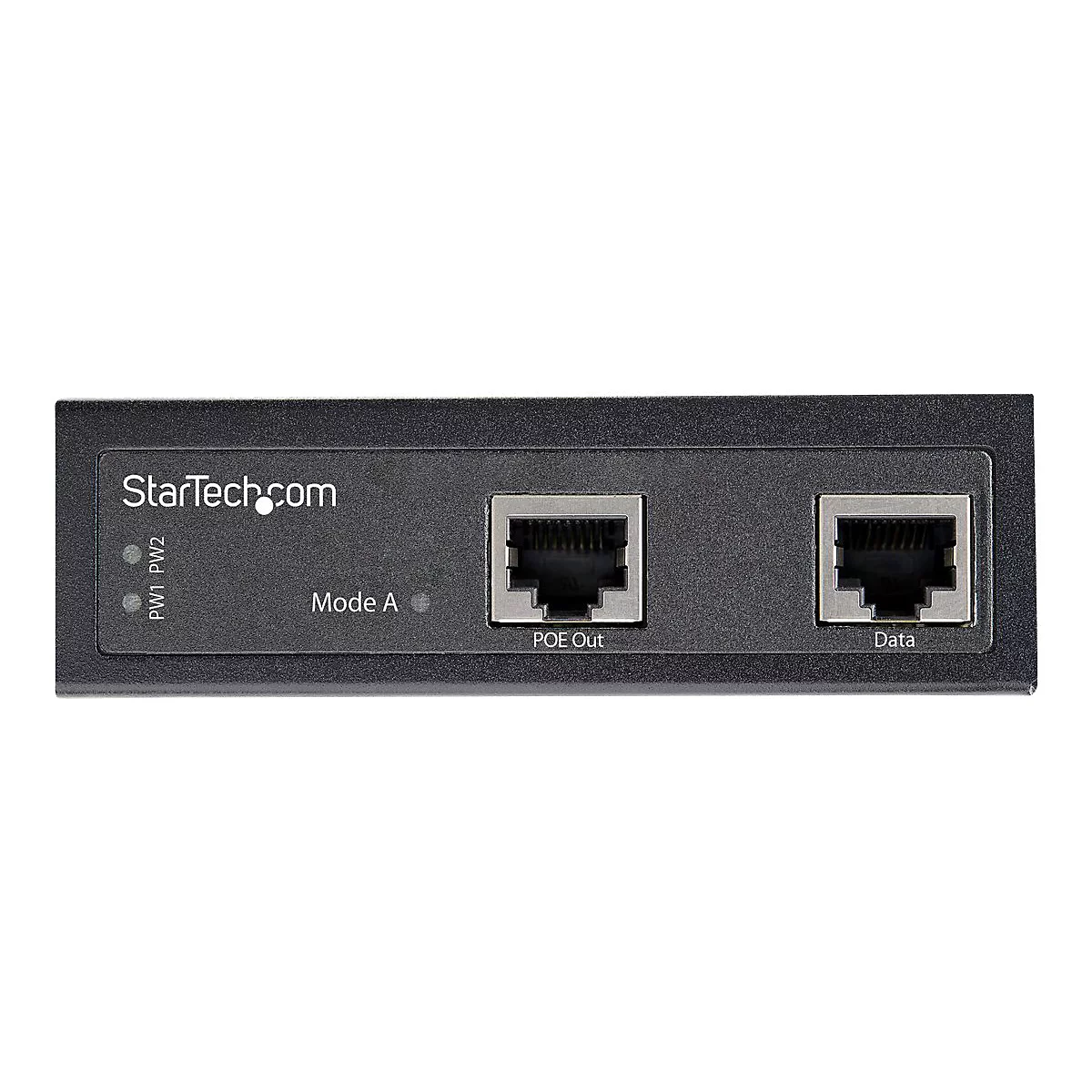 Schwarzer PoE-Injektor von StarTech.com mit Anschlüssen für Strom und Daten. Text: StarTech.com, PW1, PW2, Mode A, POE Out, Data.