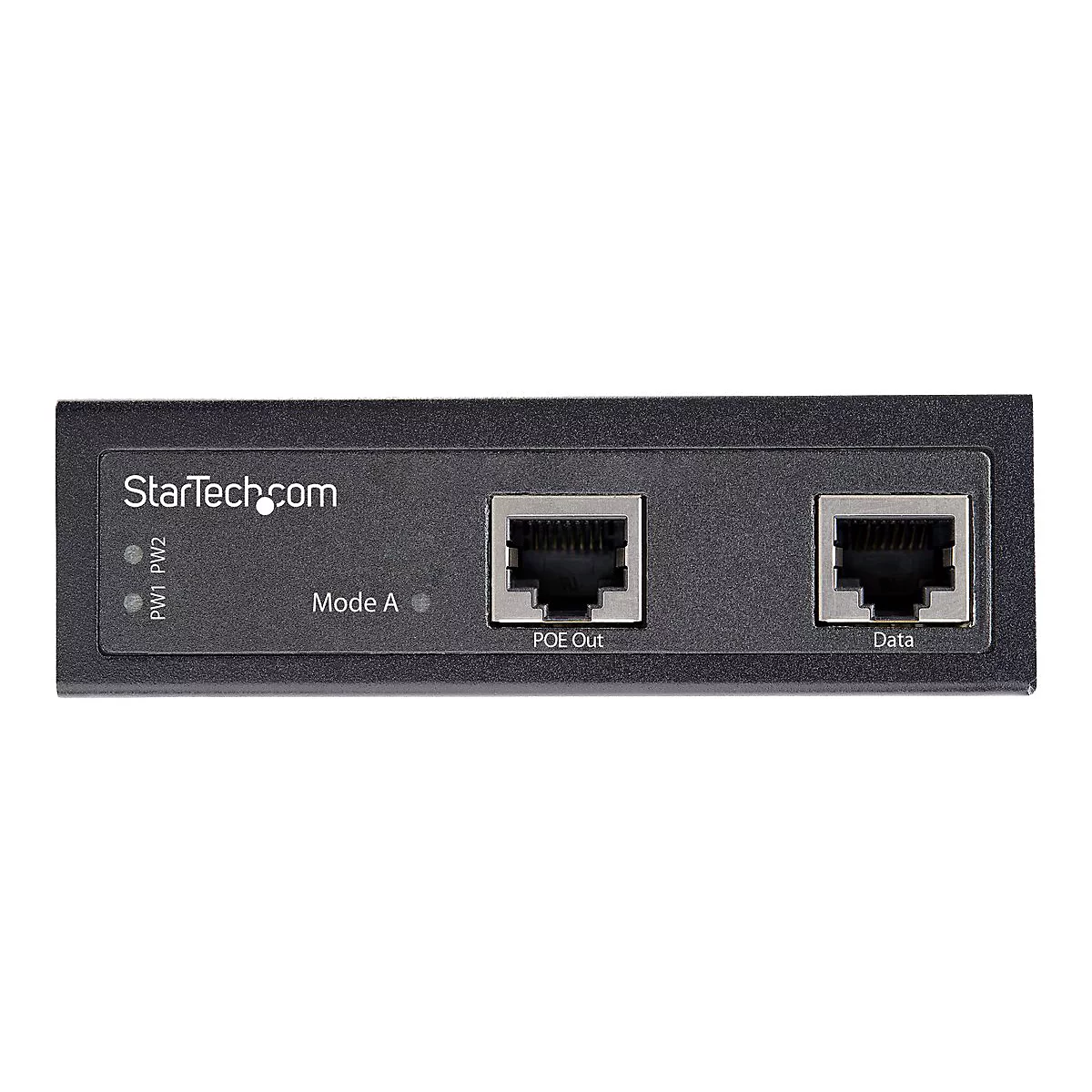 Schwarzer Netzwerk-Adapter mit Anschlüssen. Beschriftung: StarTech.com, POE Out, Data, Mode A.