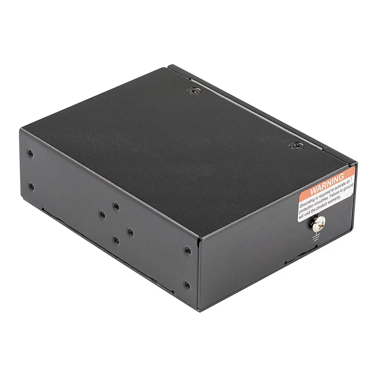 Schwarzes Elektronikgerät mit Warnhinweis: Erdung erforderlich, um alle Schutzschaltungen zu aktivieren.