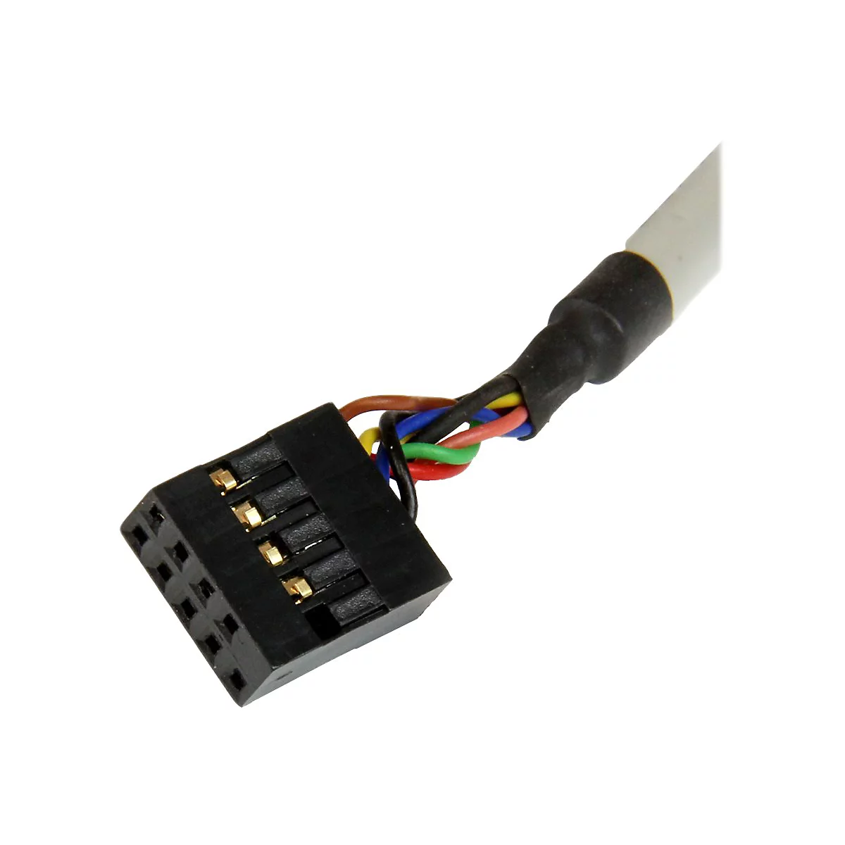 Nahaufnahme eines schwarzen Steckers mit farbigen Kabeln. Goldene Kontakte sind sichtbar. Der Stecker ist schräg platziert.