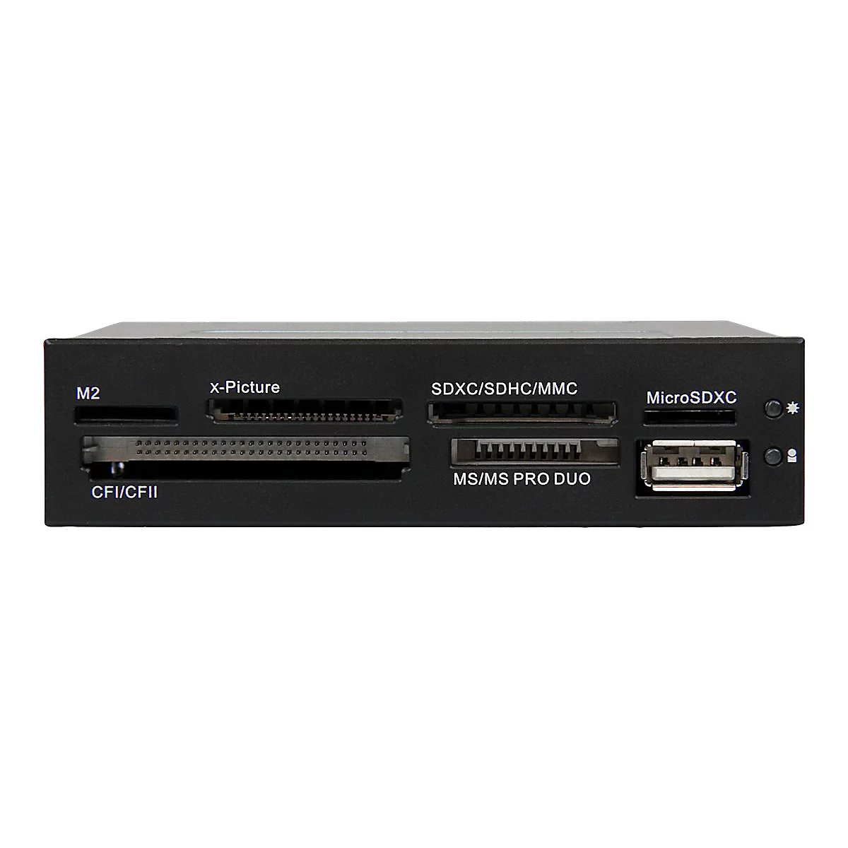 Schwarzer Kartenleser mit verschiedenen SteckplÃ¤tzen. Beschriftungen: M2, x-Picture, SDXC/SDHC/MMC, CFI/CFII, MS/MS PRO DUO, MicroSDXC und USB-Anschluss.
