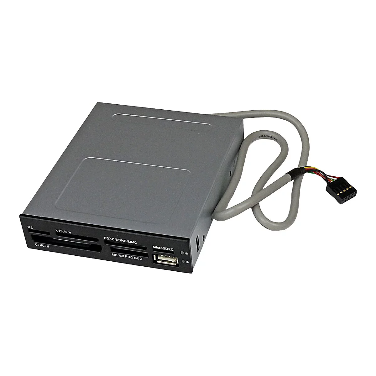 Graues LesegerÃ¤t mit mehreren Kartenlesern und USB-Anschluss, graues Kabel mit Stecker.