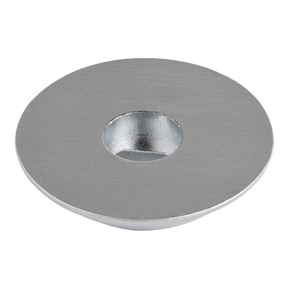 Silberne, runde Metallscheibe mit Loch in der Mitte, gebürstete Oberfläche.