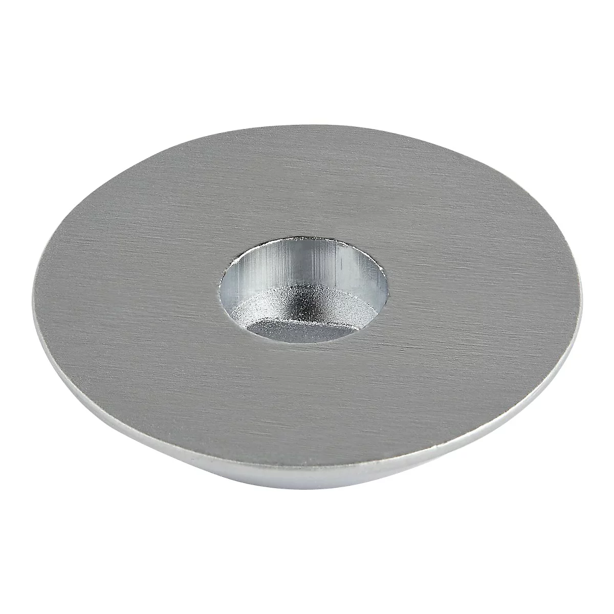 Silberne, runde Metallscheibe mit Loch in der Mitte, von oben fotografiert.