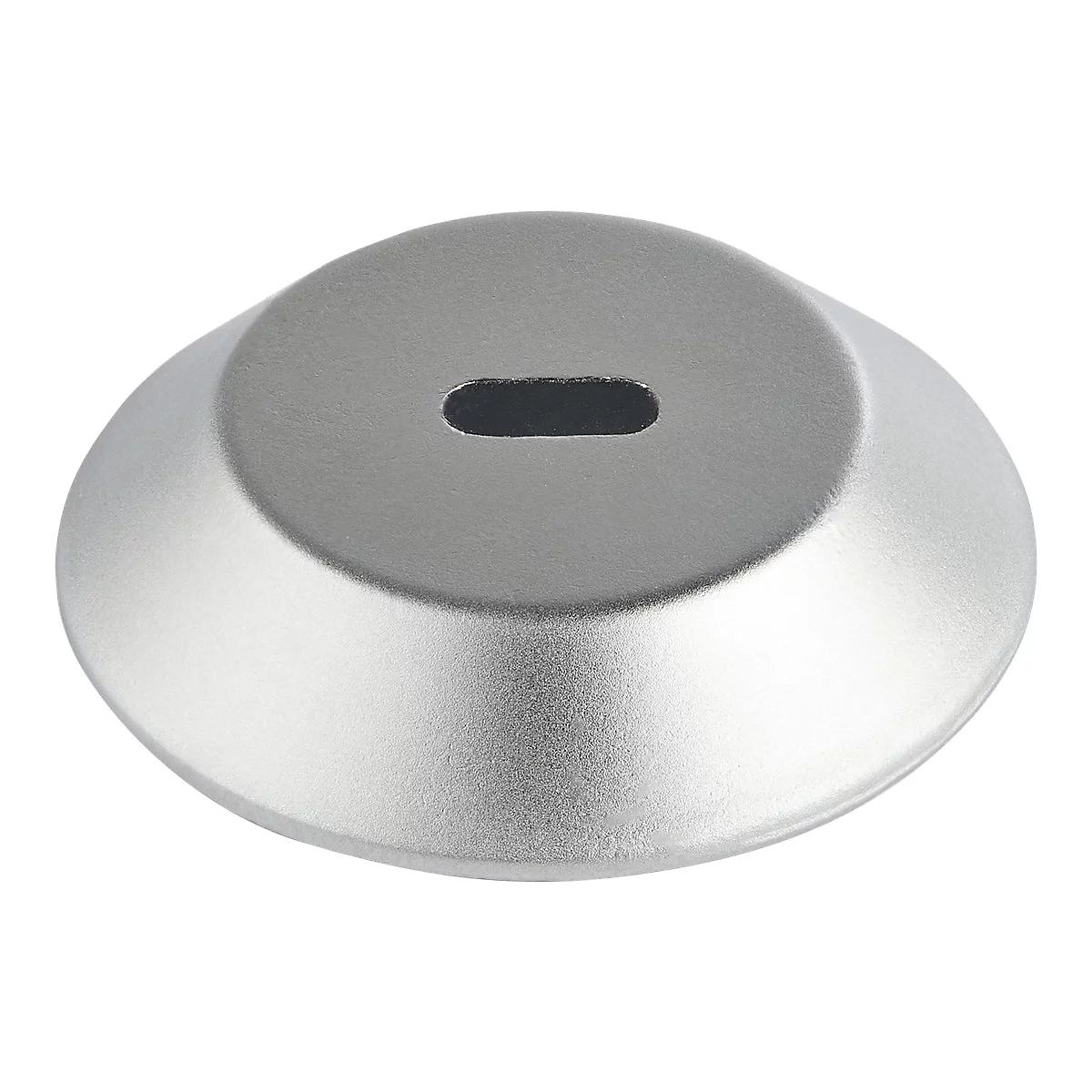 Silberfarbenes Objekt, halbkugelförmig mit einer länglichen Öffnung an der Oberseite.