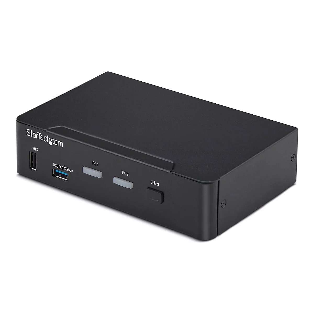 Schwarzer USB-Umschalter mit StarTech.com Logo, HID-Anschluss, USB 3.0, PC1, PC2 und Auswahltaste.