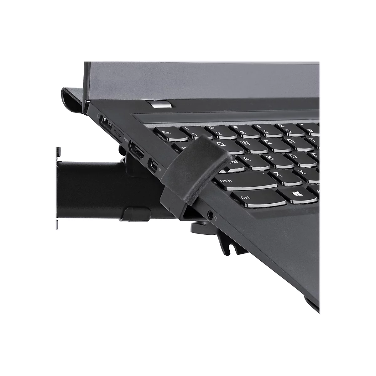 Schwarzes Notebook, aus schrÃ¤ger Perspektive fotografiert. Ein Teil der Tastatur ist zu sehen, sowie ein schwarzes Montagesystem.