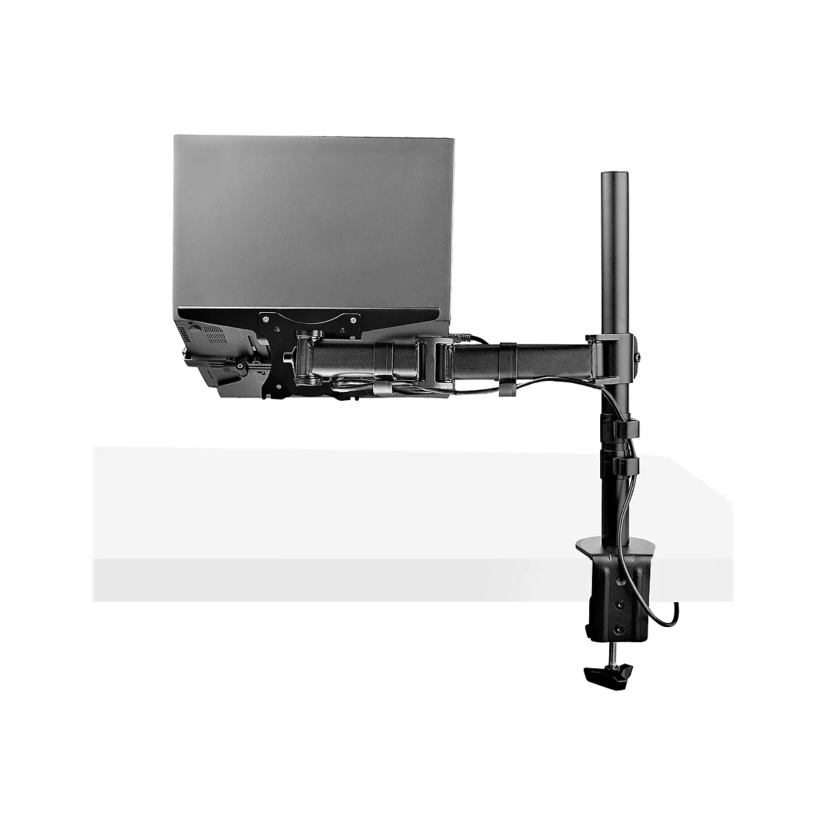 Ein Monitorarm, an einer Tischplatte befestigt. Der Monitor ist nicht sichtbar, der Arm ist aus Metall.