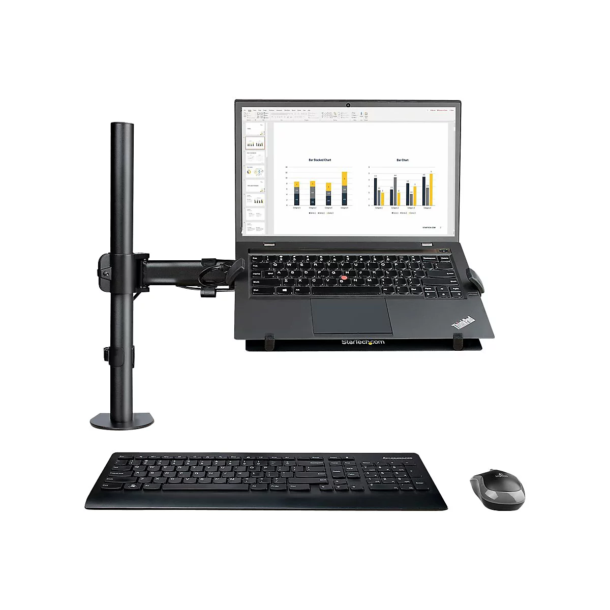 Ein schwarzer Laptop ist auf einem Monitorarm befestigt, daneben eine Tastatur und eine Maus. Auf dem Laptop-Bildschirm Diagramme.