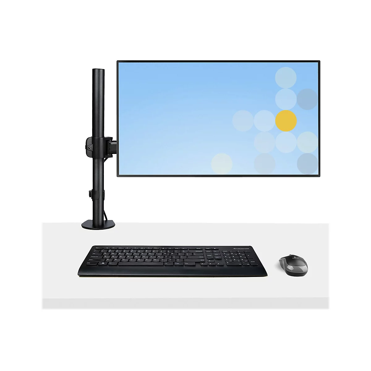 Ein schwarzer Monitor mit Halterung, Tastatur und Maus auf einem weiÃŸen Tisch. Der Bildschirm zeigt Kreise in verschiedenen Farben.