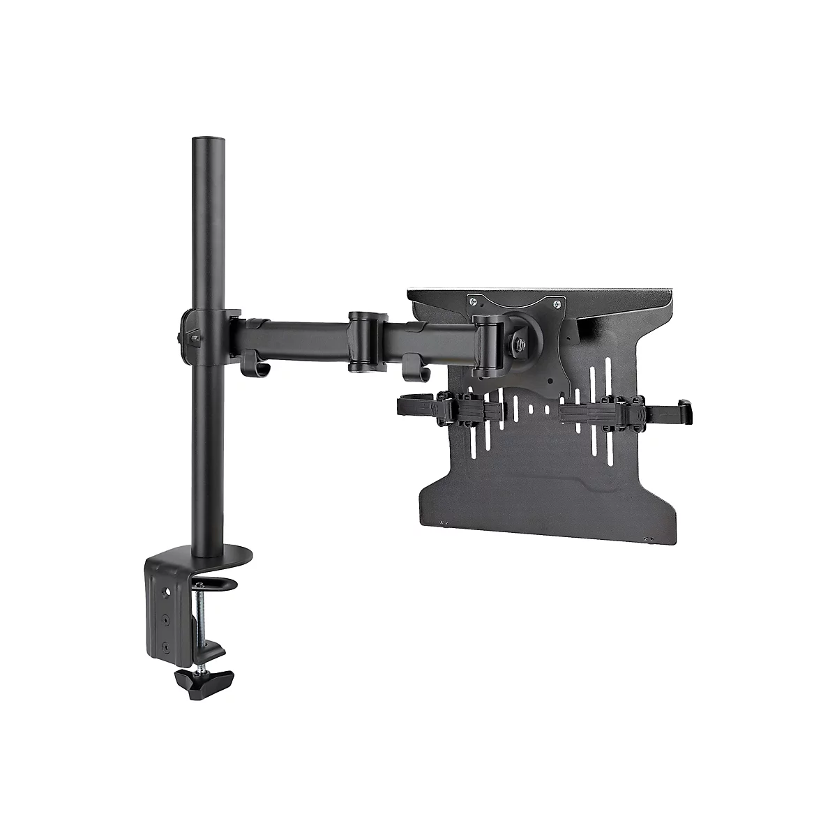 Schwarze Monitorhalterung fÃ¼r einen Schreibtisch mit Klemme. Der Monitor ist horizontal ausgerichtet und kann in der HÃ¶he verstellt werden.