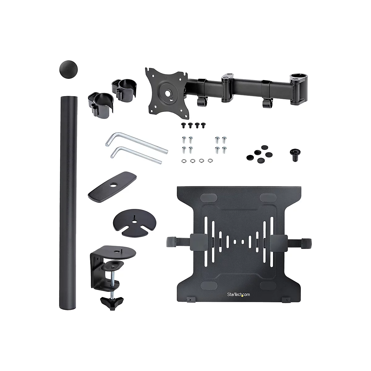 Zusammenstellung eines schwarzen Monitorarms mit Einzelteilen wie Halterungen, Schrauben, und Sockel.