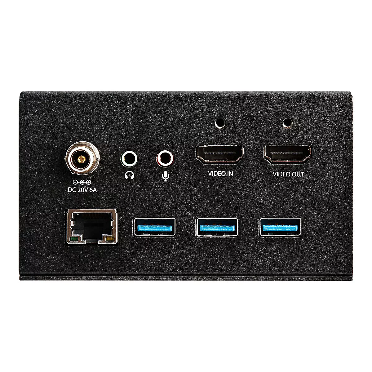 Schwarze Medienbox mit Anschlüssen für Video, Audio, USB und Netzwerk. Beschriftungen: Video In, Video Out.