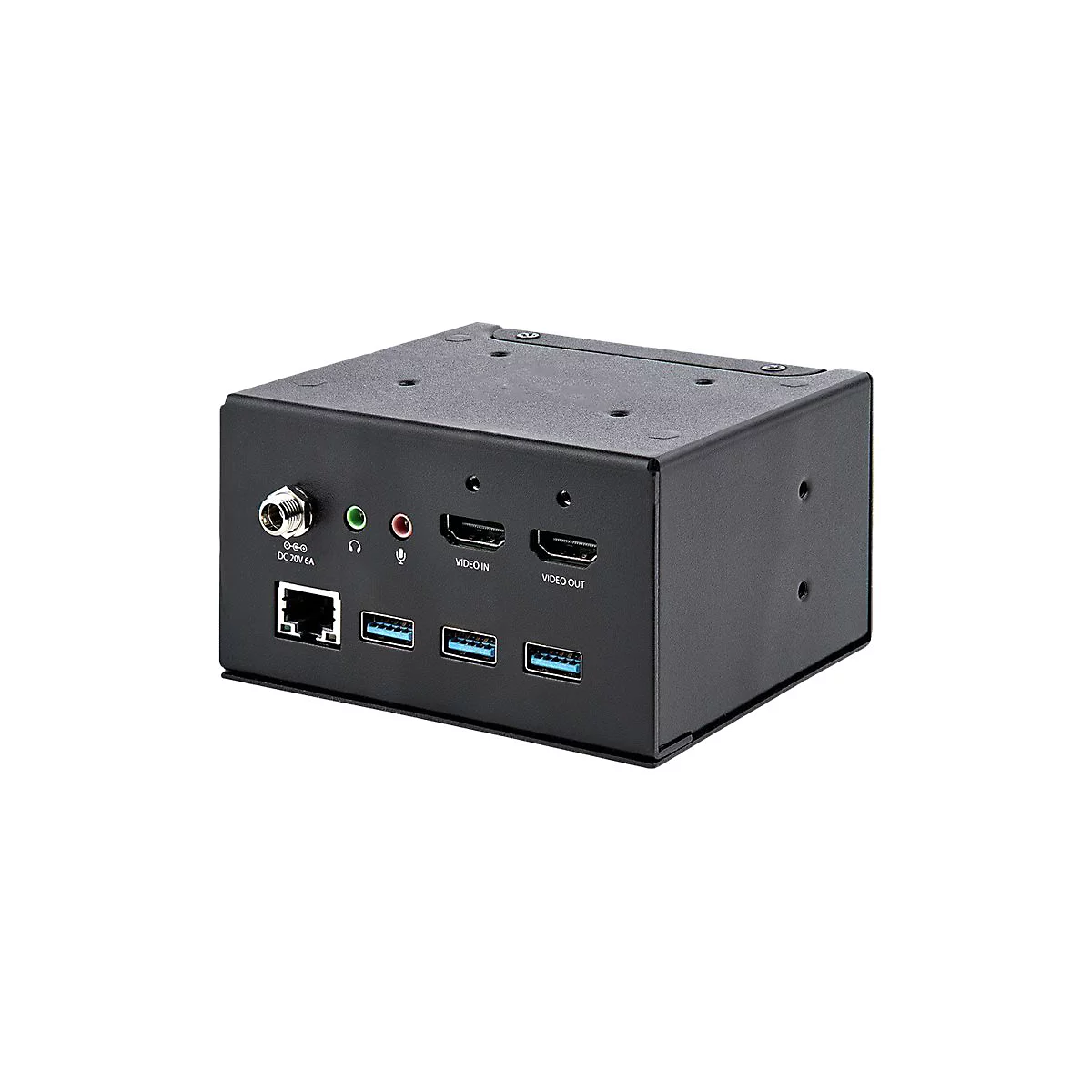 Schwarzer Mini-PC mit Anschlüssen für Video, Audio, USB und Netzwerk.