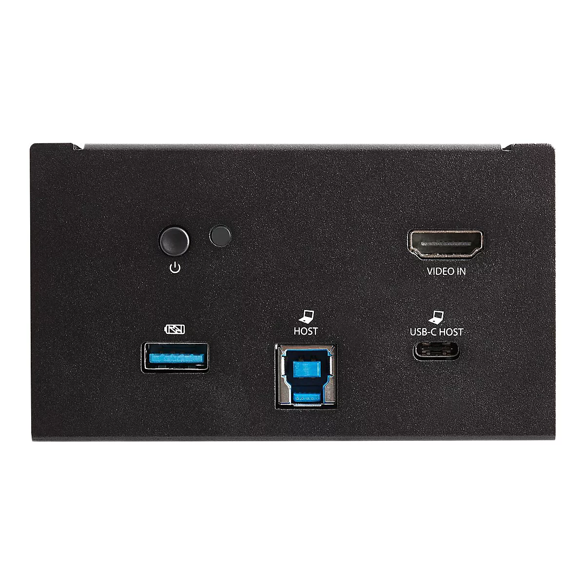 Schwarzes Gerät mit HDMI, USB und USB-C Anschlüssen. Beschriftungen: Video IN, USB-C HOST, HOST. Oben: Ein-Aus-Knopf und Kontrollleuchte.
