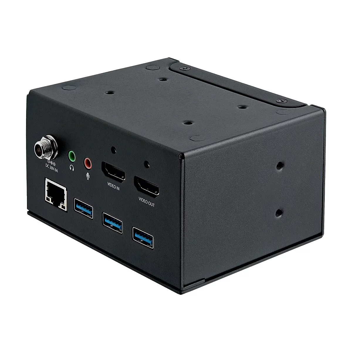 Schwarzer, quaderförmiger Netzwerkverteiler mit Anschlüssen für Video, Audio, USB und Ethernet.