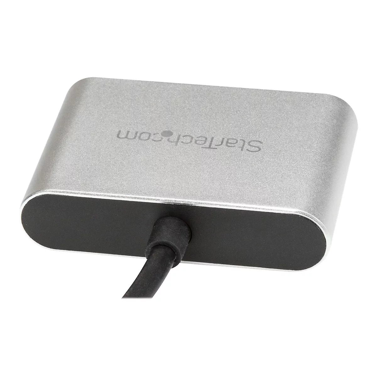 Adaptateur Startech.com argenté avec connexion par câble noir. Logo en haut.