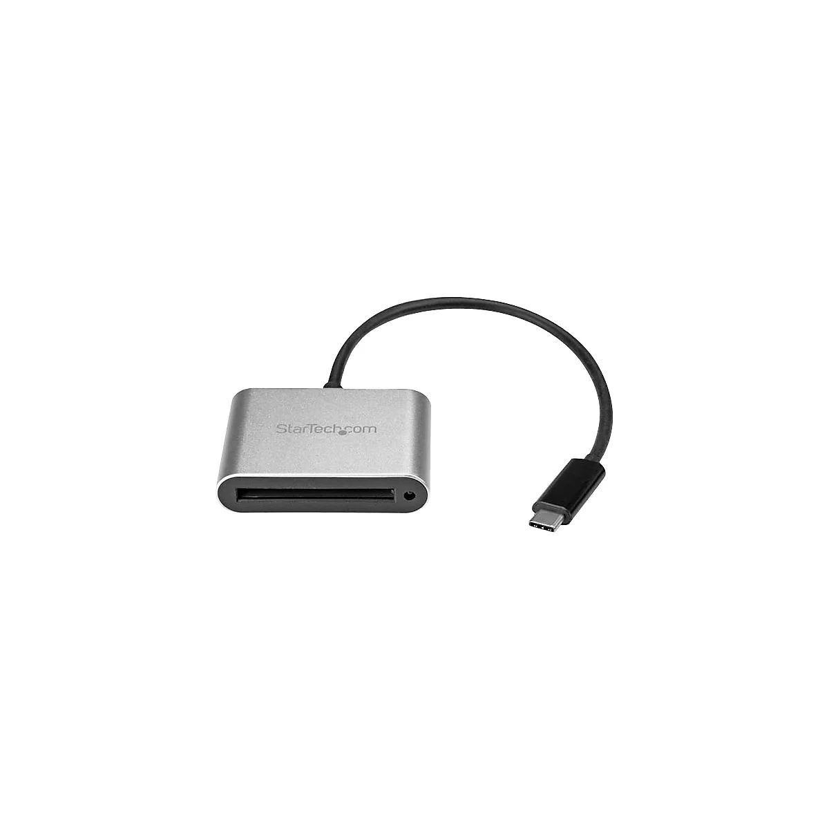 Lecteur de carte argenté avec câble noir et connecteur USB-C. "StarTech.com" est écrit sur l'appareil.