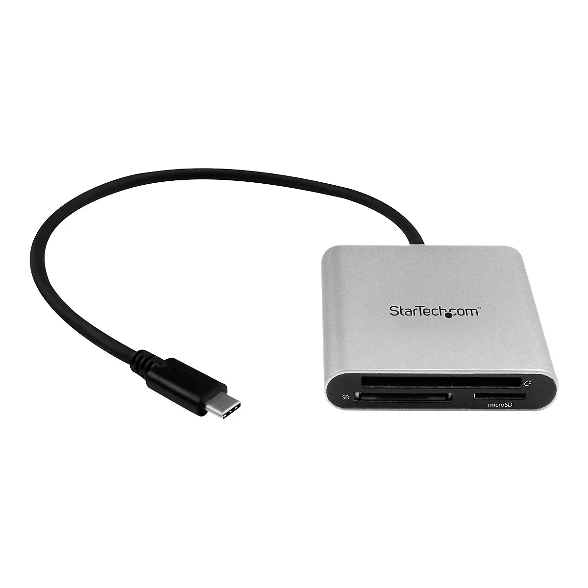 Lecteur de cartes argenté avec câble noir et connecteur USB-C. L'appareil indique StarTech.com et possède des emplacements SD, CF et microSD.