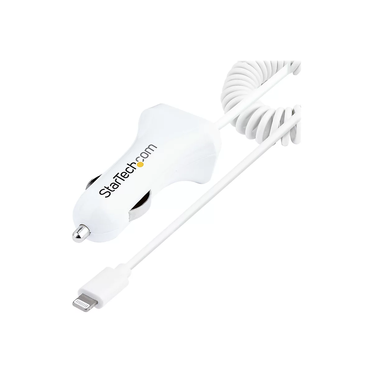 Weißes Autoladegerät mit spiralförmigem Kabel und Blitzanschluss. Auf dem Ladegerät steht „StarTech.com“.