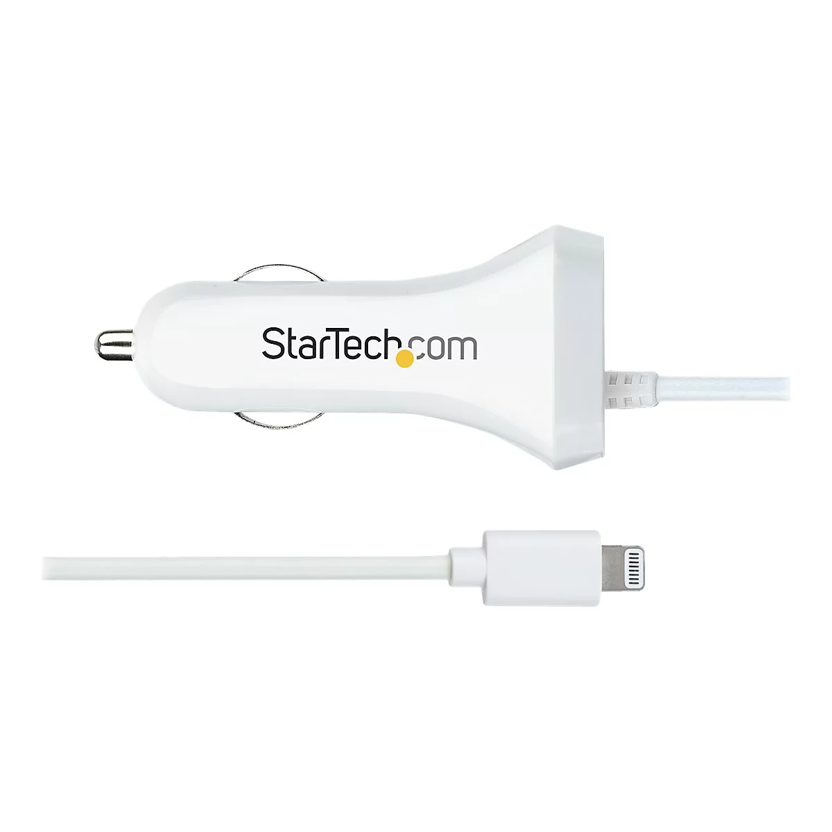 Weißes Autoladegerät mit Lightning-Anschluss, StarTech.com Logo.