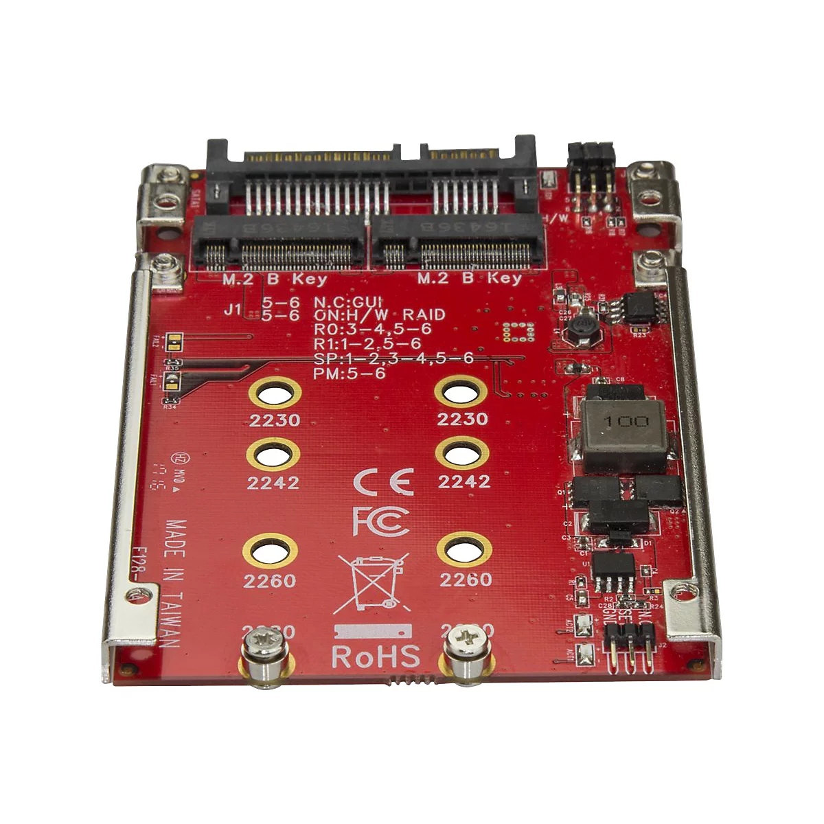 Rote Platine mit M.2 B Key Anschlüssen, schwarzen Bauteilen und Schriftzügen wie "MADE IN TAIWAN" und "RoHS".