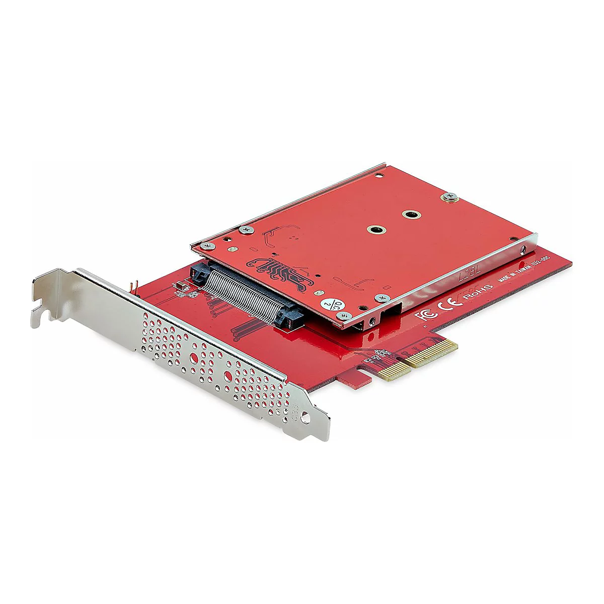 Ein rotes PC-Bauteil mit silbernem Metallbügel. Mit Steckverbindungen und Montagevorrichtungen.