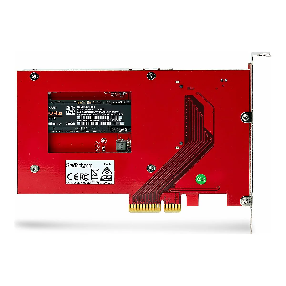 Rote SSD-Karte, Details wie Marke, Modell, Speicherkapazität und technische Informationen.