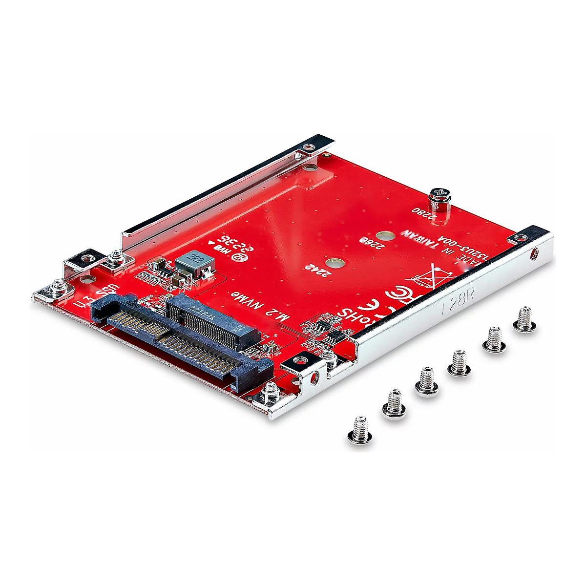 Rote Platine für M.2 NVMe SSDs, silberner Rahmen und Schrauben. Aufgedruckter Text: M.2 NVMe, USS En und Made in Taiwan.