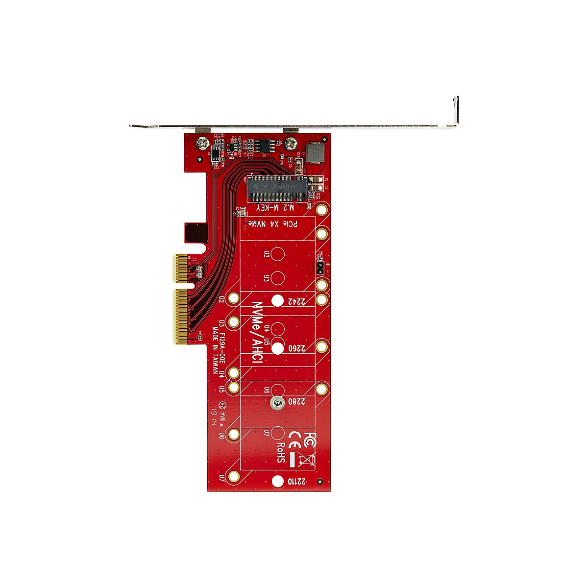 Ein rotes M.2-SSD-Adapterkarte vor weißem Hintergrund. Der Adapter hat elektrische Bauteile und Anschlüsse. Aufgedruckter Text: PCIe X4 NVMe, M.2 M-KEY.