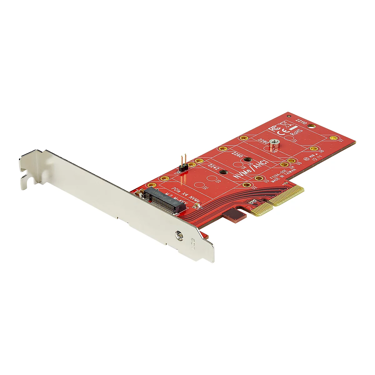 Eine rote PCIe-Karte mit Metallhalterung. Auf der Karte ist "NVMe/AHCI" und "M.2 M-KEY" aufgedruckt. Es gibt auch mehrere elektronische Komponenten.
