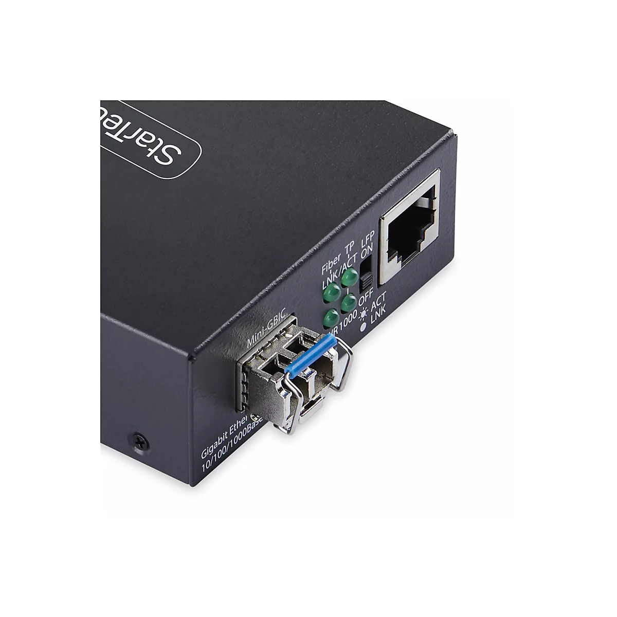 Ein schwarzer Netzwerkadapter mit einem RJ45-Anschluss, Anzeigen und Mini-GBIC-Anschluss. Auf der Oberseite steht "StarTech".