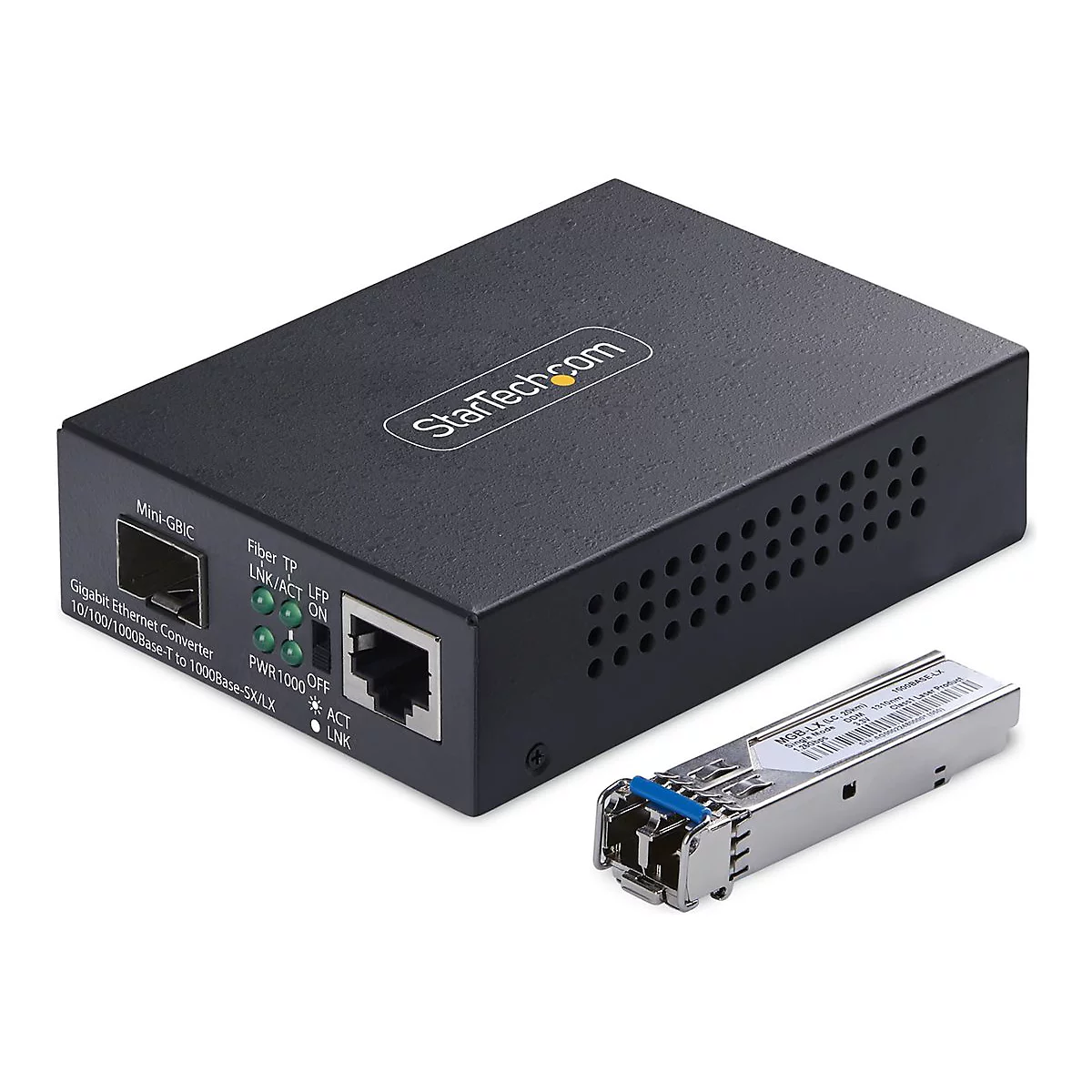 Schwarzer Gigabit-Ethernet-Konverter mit einem Modul und Produktbeschriftungen.