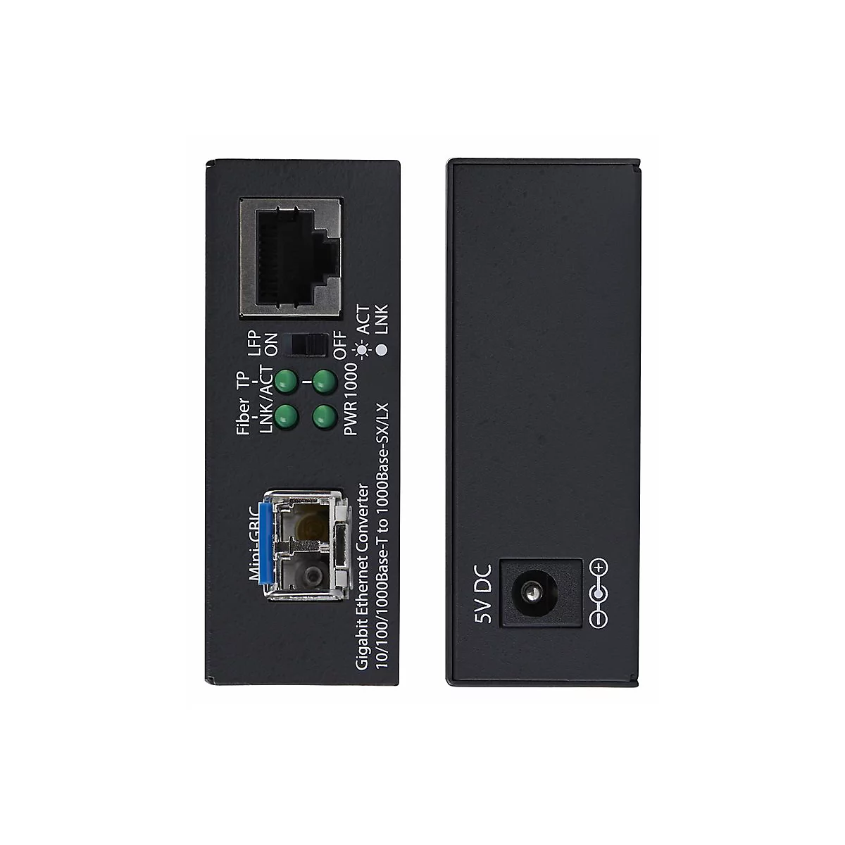 Schwarzer Gigabit Ethernet Konverter; Anschlüsse, LEDs und Schriftzüge detailliert dargestellt. 5V DC Anschluss auf der Rückseite.