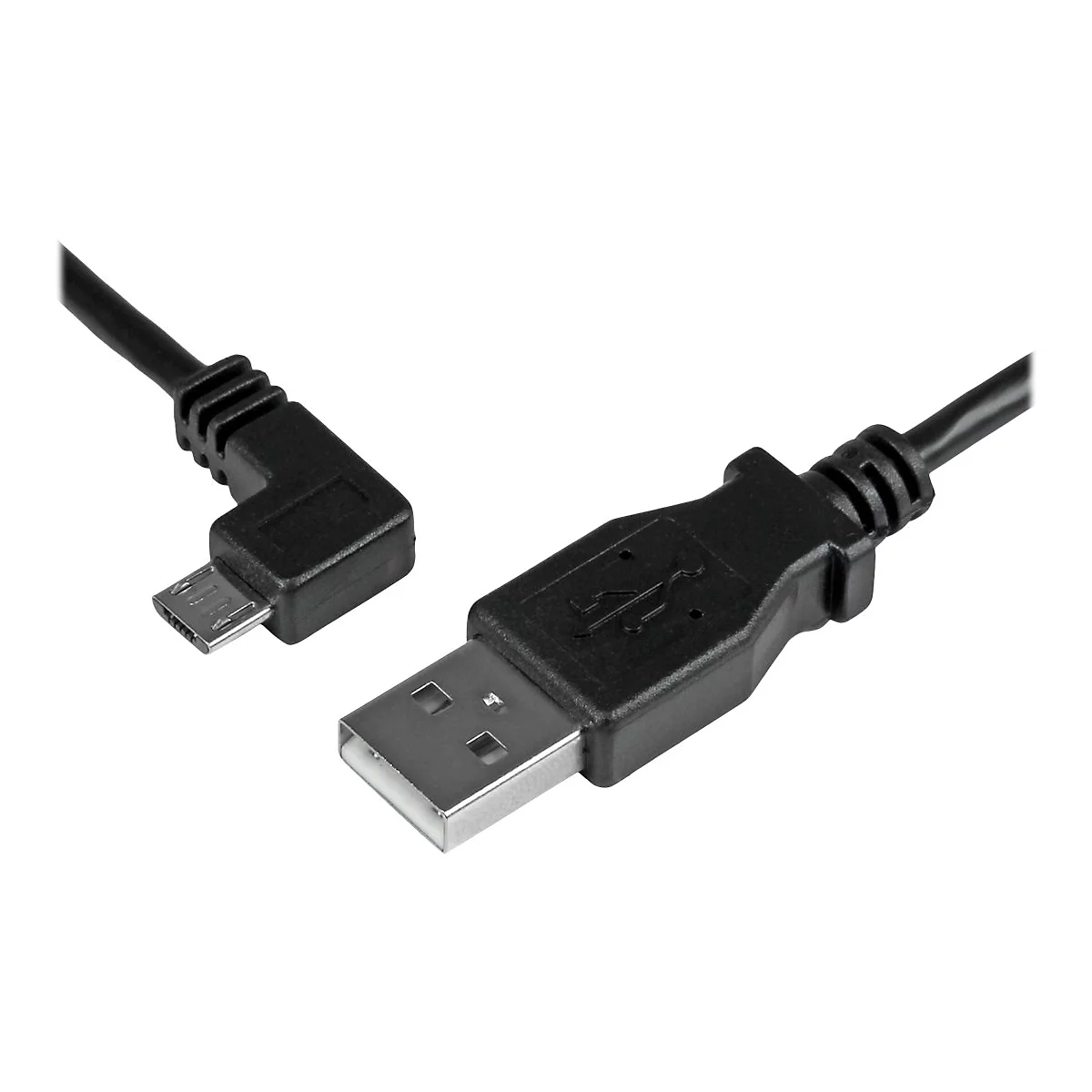 Ein schwarzes USB-Kabel mit Micro-USB- und USB-A-Anschlüssen. Der Micro-USB-Anschluss ist abgewinkelt.
