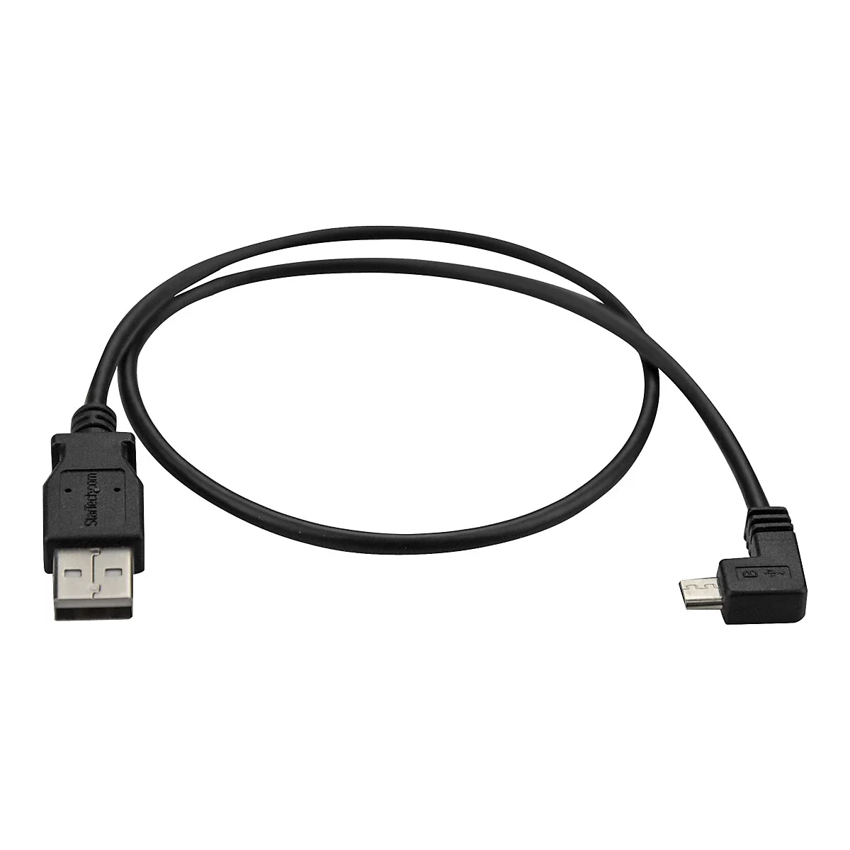 Ein schwarzes USB-Kabel mit einem rechten Winkel Anschluss. Am Stecker ist StarTech.com aufgedruckt.