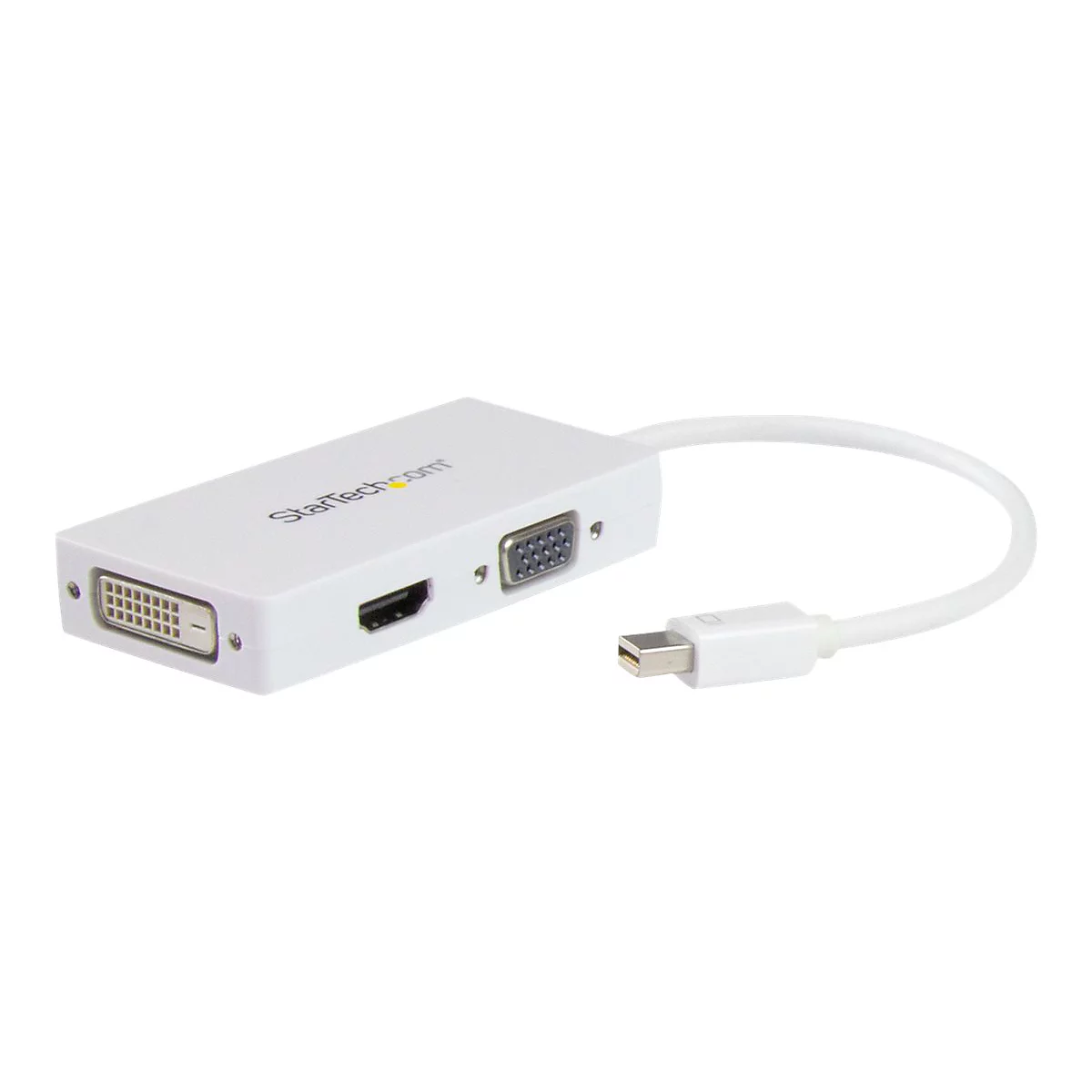 Weißer Adapter mit DVI-, HDMI-, VGA- und Mini-DisplayPort-Anschlüssen. Kabel mit Mini-DisplayPort-Stecker.