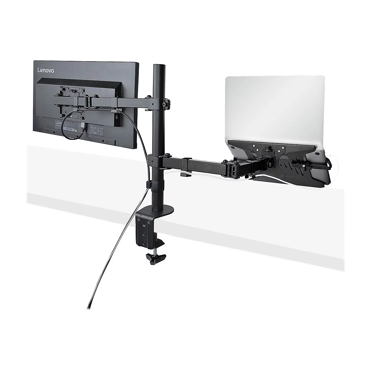 Schwarzer Monitor- und Laptop-Halter, an einem Tisch befestigt. Ein Lenovo-Monitor und ein Laptop sind angebracht.