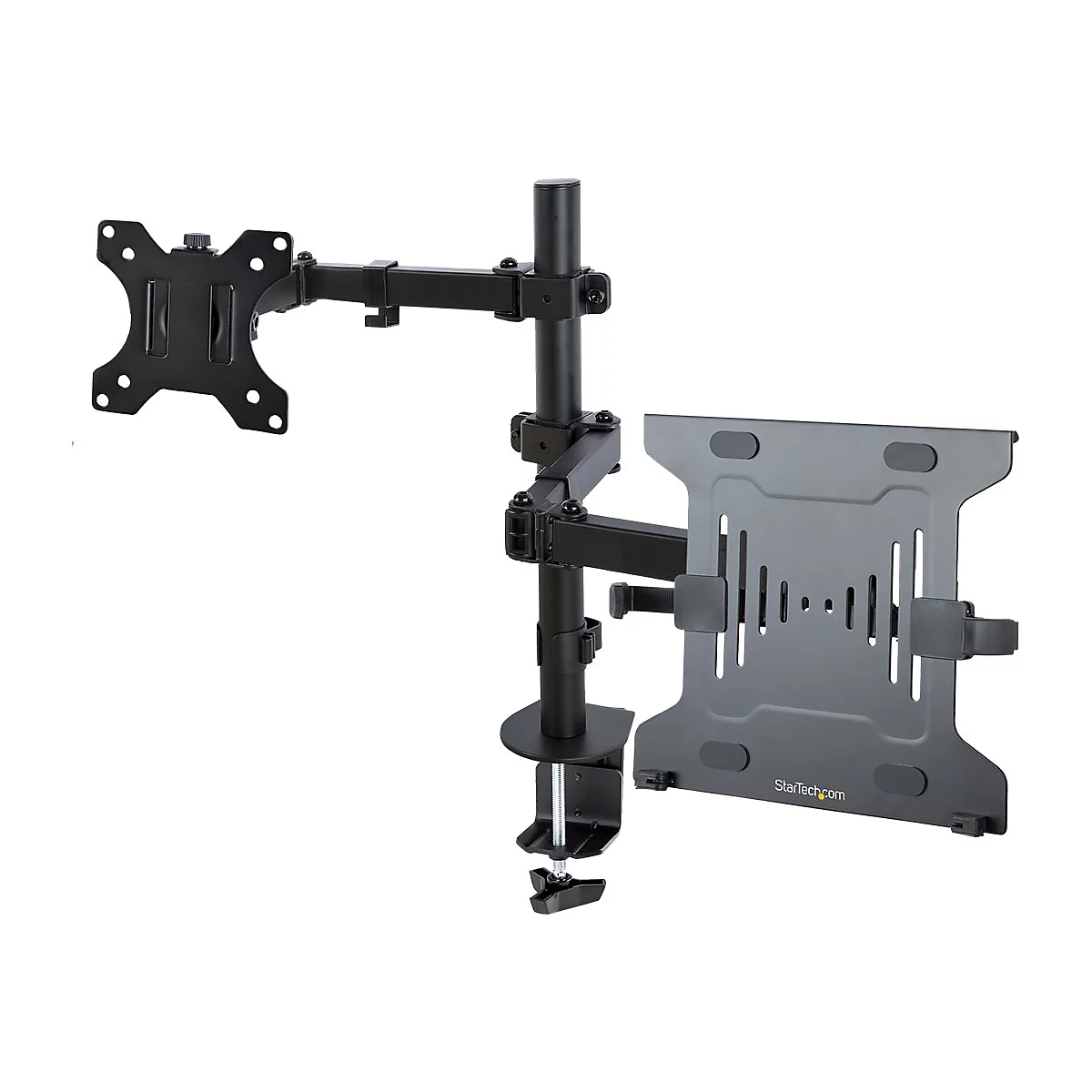 Schwarze Monitorhalterung. Ein Arm mit Halterung links, einer rechts. Beide sind an einer senkrechten SÃ¤ule befestigt, die mit einer Schraubklemme an der Tischplatte befestigt wird.