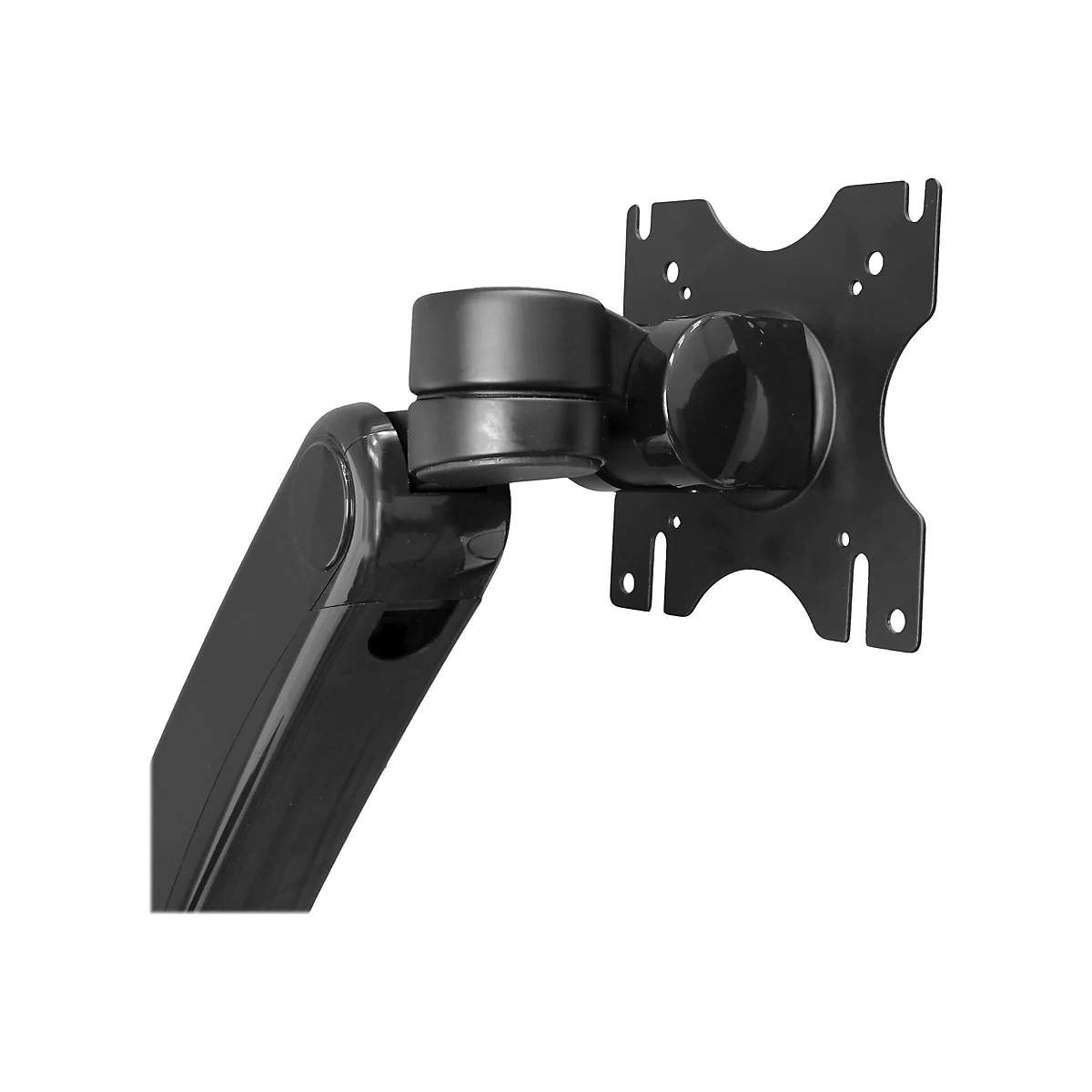 Schwarze Halterung für einen Monitor, bestehend aus Gelenkarmen und einer Montageplatte. Der Hintergrund ist weiß.