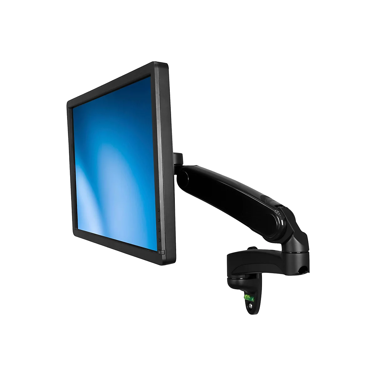 Ein schwarzer Monitor an einem schwenkbaren Arm, vor weißem Hintergrund. Der blaue Bildschirm steht im rechten Winkel zum Betrachter.