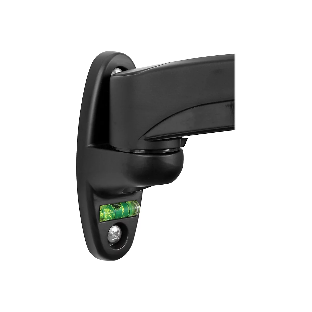 Nahaufnahme eines schwarzen Halterungswinkels für ein Wandmontage-System, mit einer Wasserwaage.